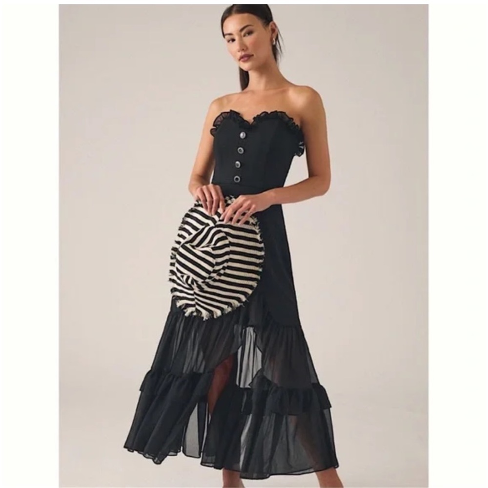 Hutch Black Strapless Dress with Ruffle and Button Accents